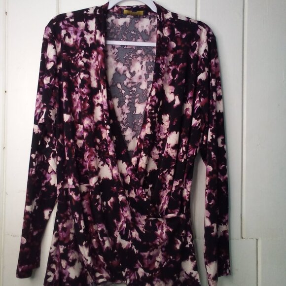Rachel Rachel Roy Blouse Women M Long Sleeve V-Neck Wrap Floral Black Purple - Picture 1 of 14